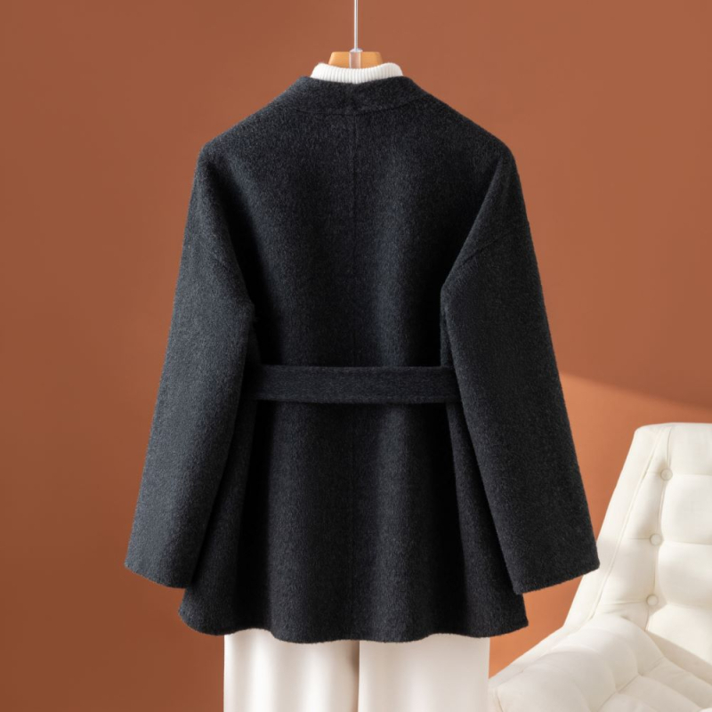 Ženski vuneni kaput, korejski gradski stil, srednja dužina, bez ovratnika, s pojasom