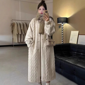 Paltoan din blană pentru femei, cardigan lejer, lungime peste genunchi, textură pufoasă (Corduroy, Rabbit fur <30%, Other <30%, Spring 2023)