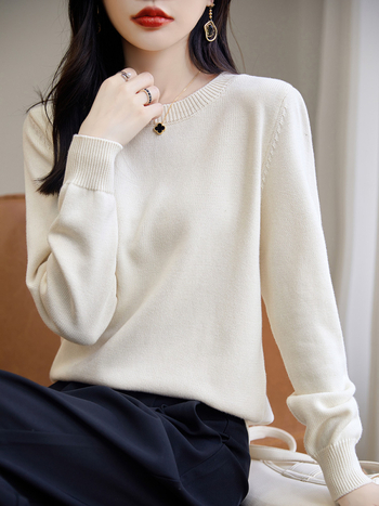 Pulover tricotat din bumbac pentru femei, cu guler rotund, tricot gros, mâneci lungi, culoare solidă