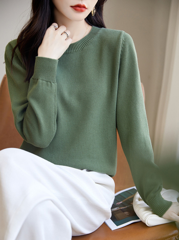 Pulover tricotat din bumbac pentru femei, cu guler rotund, tricot gros, mâneci lungi, culoare solidă