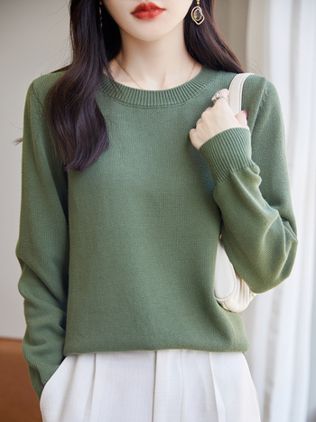 Pulover tricotat din bumbac pentru femei, cu guler rotund, tricot gros, mâneci lungi, culoare solidă