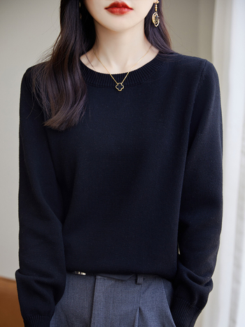 Pulover tricotat din bumbac pentru femei, cu guler rotund, tricot gros, mâneci lungi, culoare solidă