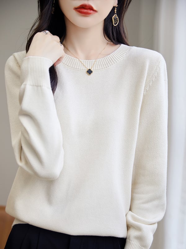 Pulover tricotat din bumbac pentru femei, cu guler rotund, tricot gros, mâneci lungi, culoare solidă