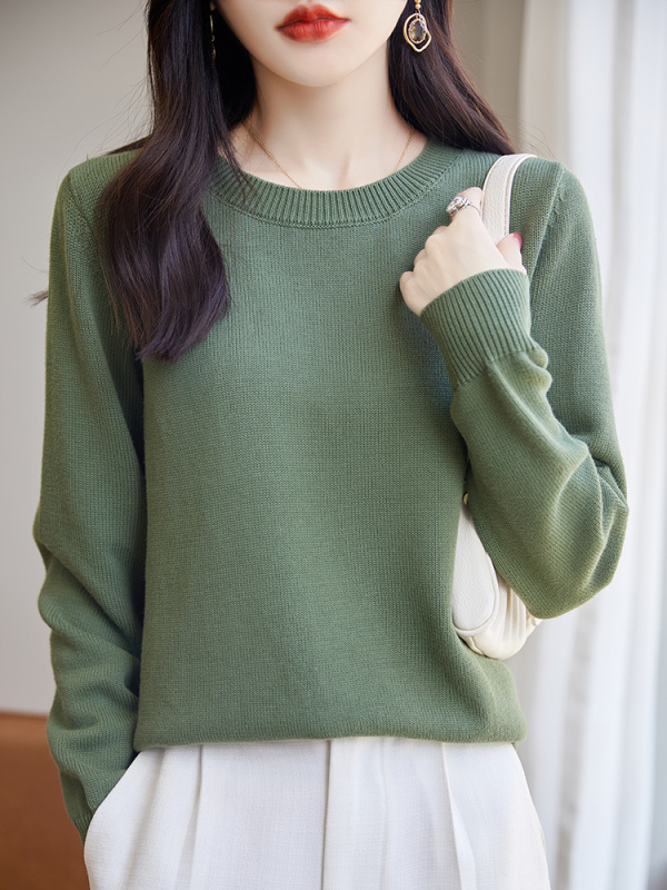 Pulover tricotat din bumbac pentru femei, cu guler rotund, tricot gros, mâneci lungi, culoare solidă