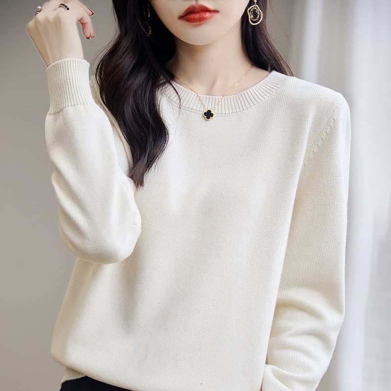 Pulover tricotat din bumbac pentru femei, cu guler rotund, tricot gros, mâneci lungi, culoare solidă
