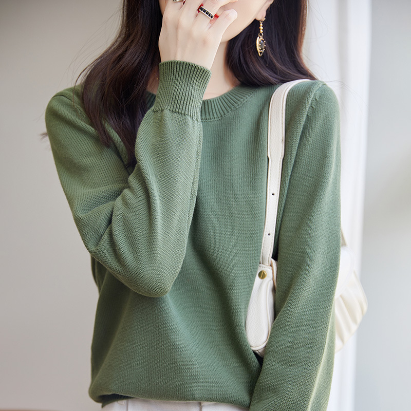 Pulover tricotat din bumbac pentru femei, cu guler rotund, tricot gros, mâneci lungi, culoare solidă