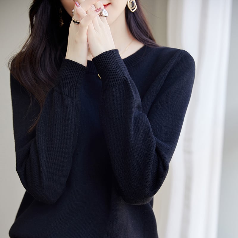 Pulover tricotat din bumbac pentru femei, cu guler rotund, tricot gros, mâneci lungi, culoare solidă