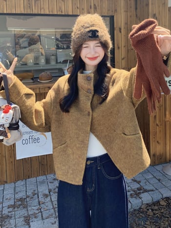 Palton damă din lână, dublu-revers, stil coreean, iarnă 2025, lână 70-80%