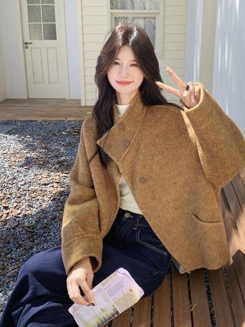 Palton damă din lână, dublu-revers, stil coreean, iarnă 2025, lână 70-80%