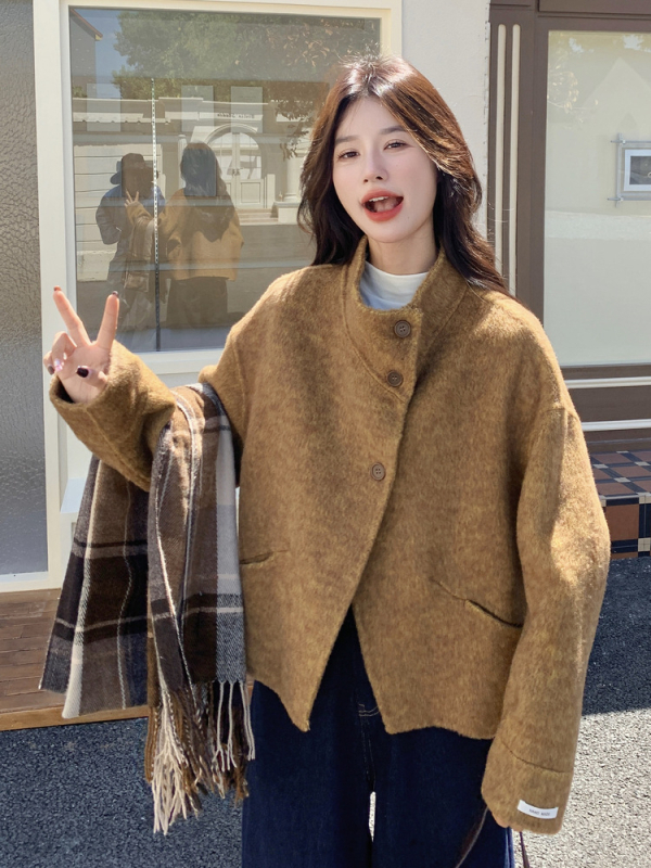 Palton damă din lână, dublu-revers, stil coreean, iarnă 2025, lână 70-80%