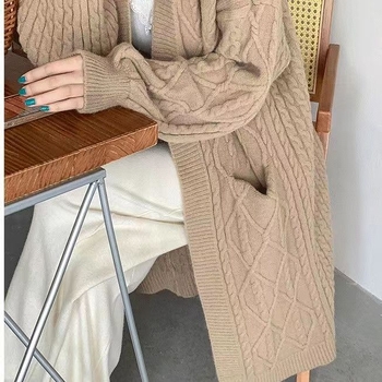 Cardigan lejer tricot din amestec de bumbac-cashmire cu acril și nailon, textură Twist, gros, lungime medie, decolteu în V, mâneci lungi, inspirat de stilul coreean