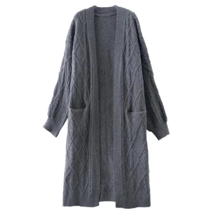 Cardigan lejer tricot din amestec de bumbac-cashmire cu acril și nailon, textură Twist, gros, lungime medie, decolteu în V, mâneci lungi, inspirat de stilul coreean