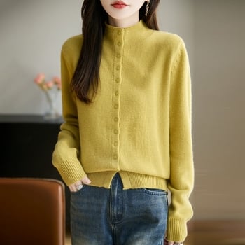 Cardigan tricotat pentru femei cu guler semi‑turtleneck, blană de raccoon cu fibre regenerabile de celuloză, gros, stil elegant de lucru