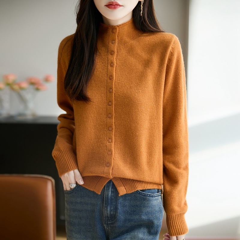 Cardigan tricotat pentru femei cu guler semi‑turtleneck, blană de raccoon cu fibre regenerabile de celuloză, gros, stil elegant de lucru