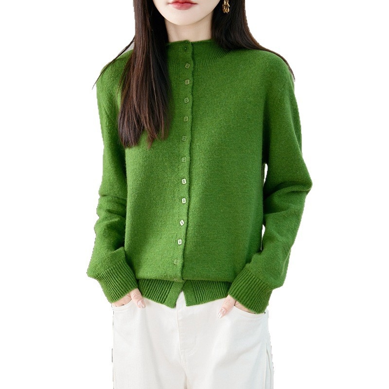 Cardigan tricotat pentru femei cu guler semi‑turtleneck, blană de raccoon cu fibre regenerabile de celuloză, gros, stil elegant de lucru