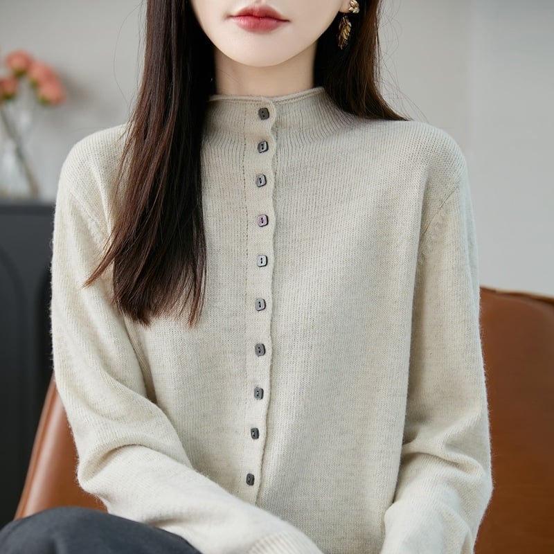 Cardigan tricotat pentru femei cu guler semi‑turtleneck, blană de raccoon cu fibre regenerabile de celuloză, gros, stil elegant de lucru