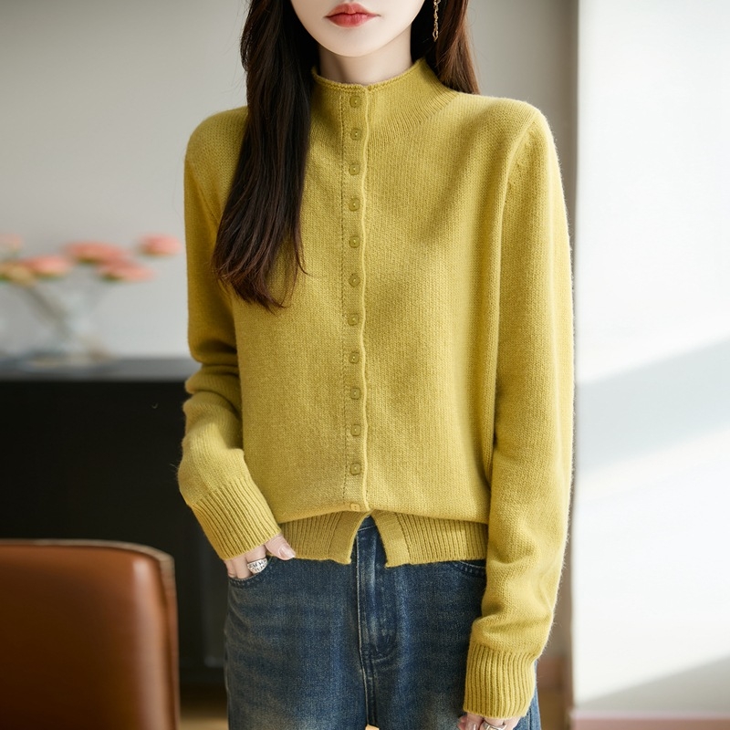 Cardigan tricotat pentru femei cu guler semi‑turtleneck, blană de raccoon cu fibre regenerabile de celuloză, gros, stil elegant de lucru