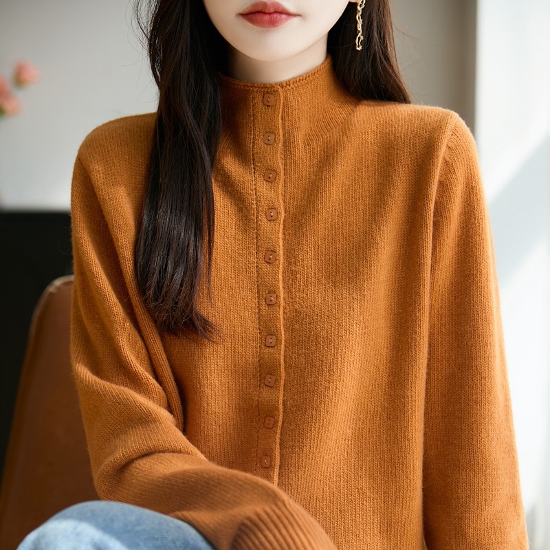 Cardigan tricotat pentru femei cu guler semi‑turtleneck, blană de raccoon cu fibre regenerabile de celuloză, gros, stil elegant de lucru