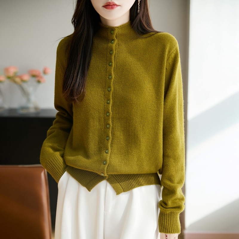 Cardigan tricotat pentru femei cu guler semi‑turtleneck, blană de raccoon cu fibre regenerabile de celuloză, gros, stil elegant de lucru