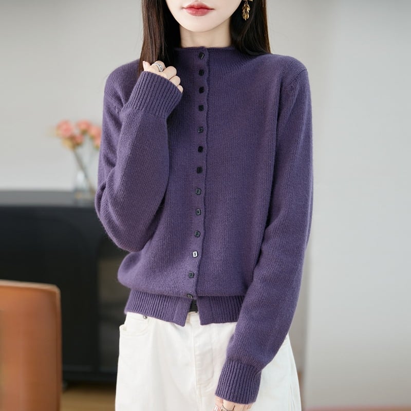 Cardigan tricotat pentru femei cu guler semi‑turtleneck, blană de raccoon cu fibre regenerabile de celuloză, gros, stil elegant de lucru