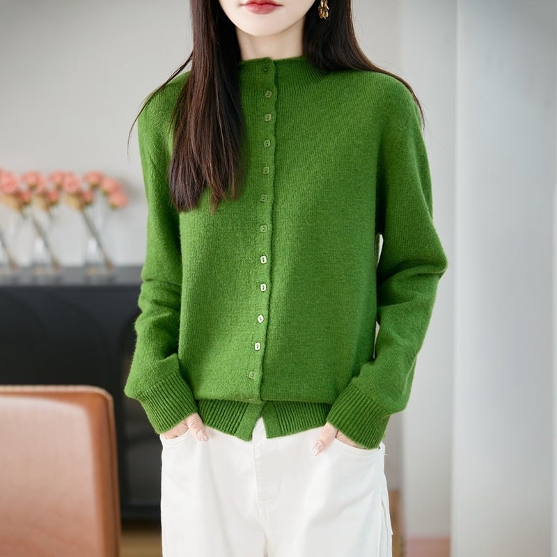 Cardigan tricotat pentru femei cu guler semi‑turtleneck, blană de raccoon cu fibre regenerabile de celuloză, gros, stil elegant de lucru