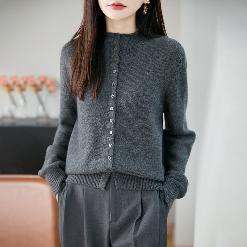 Cardigan tricotat pentru femei cu guler semi‑turtleneck, blană de raccoon cu fibre regenerabile de celuloză, gros, stil elegant de lucru