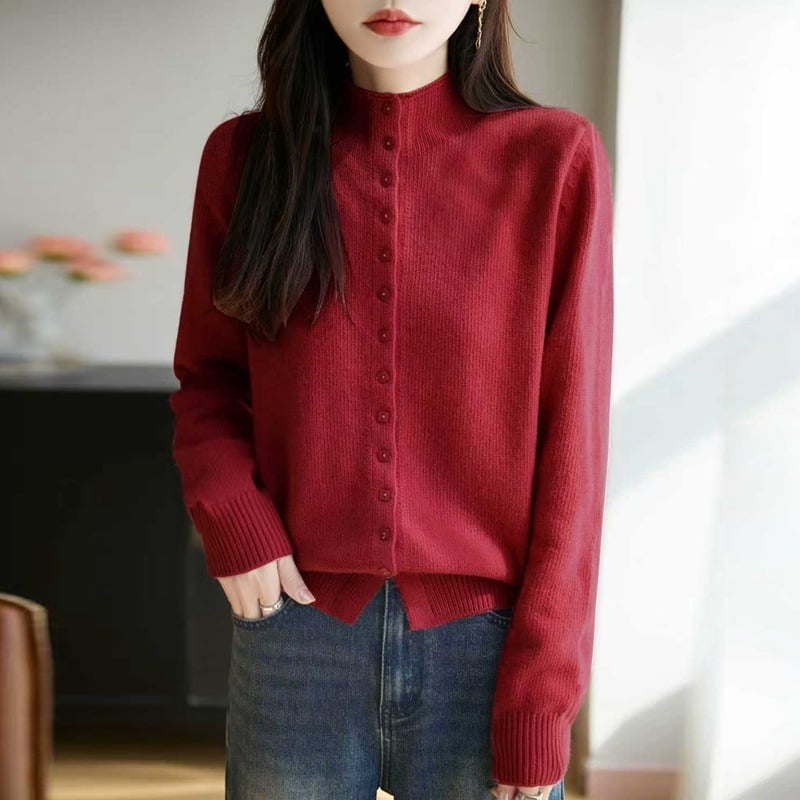 Cardigan tricotat pentru femei cu guler semi‑turtleneck, blană de raccoon cu fibre regenerabile de celuloză, gros, stil elegant de lucru