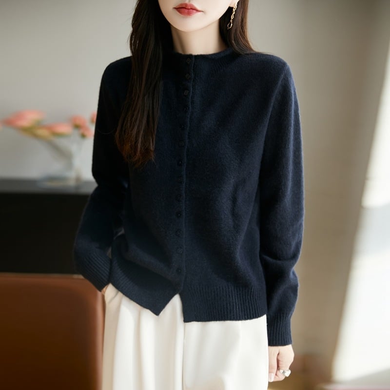 Cardigan tricotat pentru femei cu guler semi‑turtleneck, blană de raccoon cu fibre regenerabile de celuloză, gros, stil elegant de lucru