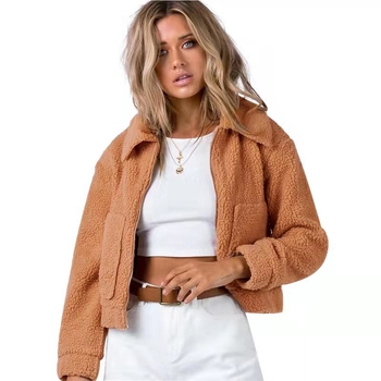 Jachetă din lână de miel, cu rever și fermoar, mâneci lungi, buzunare, croială lejeră, lungime scurtă