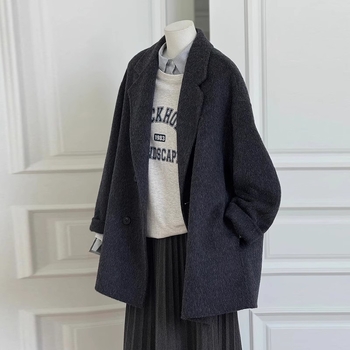 Palton damă din cașmir și lână, lungime scurtă, croială lejeră, nasturi dublu-rând, stil japonez-coreean casual