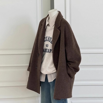 Palton damă din cașmir și lână, lungime scurtă, croială lejeră, nasturi dublu-rând, stil japonez-coreean casual