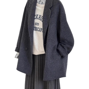 Palton damă din cașmir și lână, lungime scurtă, croială lejeră, nasturi dublu-rând, stil japonez-coreean casual