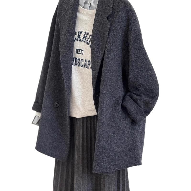 Palton damă din cașmir și lână, lungime scurtă, croială lejeră, nasturi dublu-rând, stil japonez-coreean casual