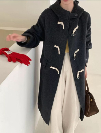 Ženski vuneni kaput s kapuljačom, srednja duljina, debeli, slobodan kroj, 70–80% vuna, ≤30% elastan, jednobojni, dvostrani vuneni kaput, korejski casual stil