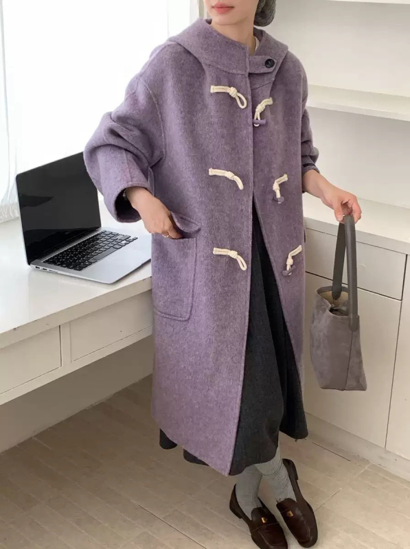 Ženski vuneni kaput s kapuljačom, srednja duljina, debeli, slobodan kroj, 70–80% vuna, ≤30% elastan, jednobojni, dvostrani vuneni kaput, korejski casual stil