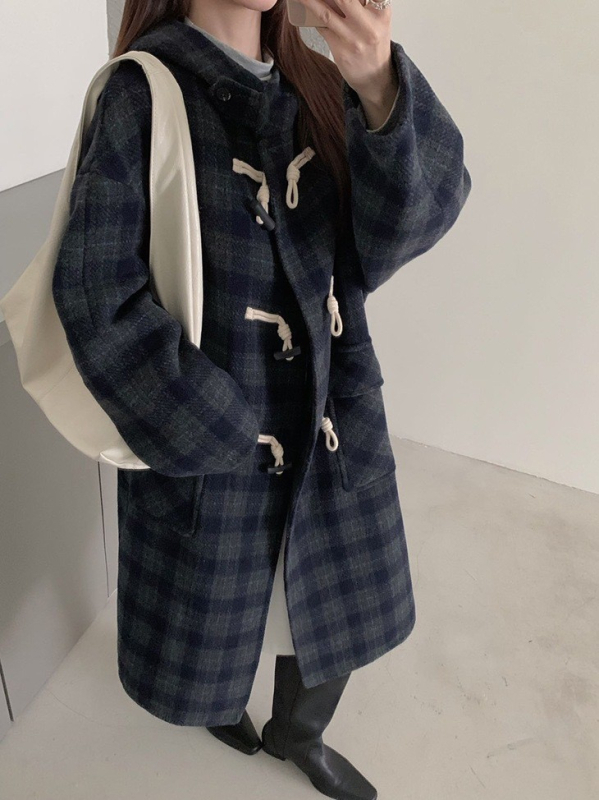 Ženski vuneni kaput s kapuljačom, srednja duljina, debeli, slobodan kroj, 70–80% vuna, ≤30% elastan, jednobojni, dvostrani vuneni kaput, korejski casual stil