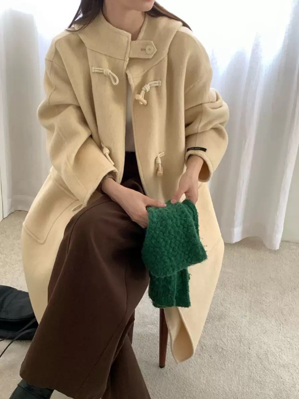 Ženski vuneni kaput s kapuljačom, srednja duljina, debeli, slobodan kroj, 70–80% vuna, ≤30% elastan, jednobojni, dvostrani vuneni kaput, korejski casual stil