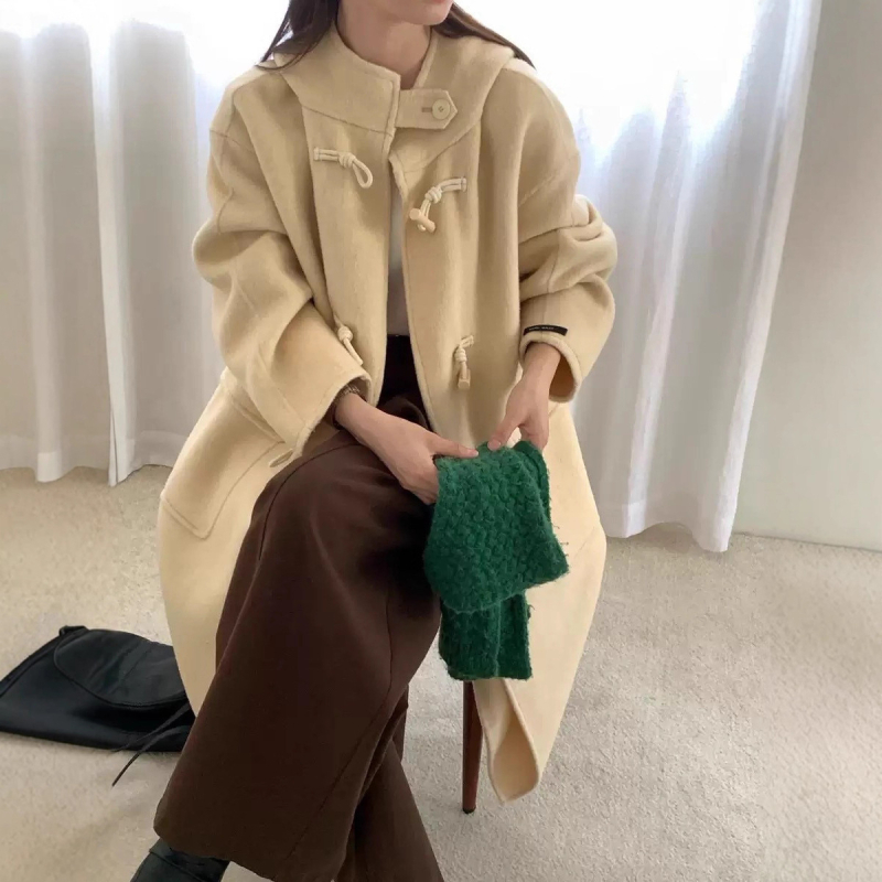 Ženski vuneni kaput s kapuljačom, srednja duljina, debeli, slobodan kroj, 70–80% vuna, ≤30% elastan, jednobojni, dvostrani vuneni kaput, korejski casual stil