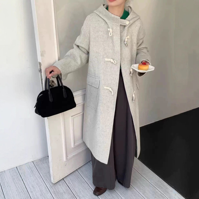 Ženski vuneni kaput s kapuljačom, srednja duljina, debeli, slobodan kroj, 70–80% vuna, ≤30% elastan, jednobojni, dvostrani vuneni kaput, korejski casual stil