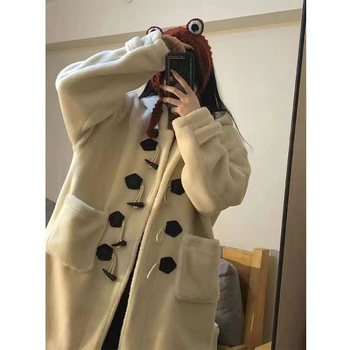 Palton damă din lână de miel, nasturi în formă de coarne, glugă, lungime medie, închidere cu nasturi dubli, căptușit cu fleece, material poliester