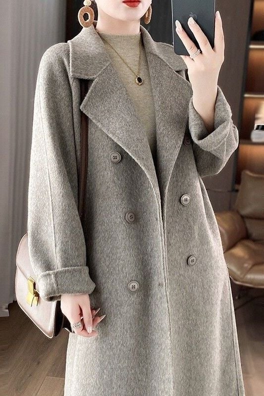 Dámsky vlnený kabát s obojstranným prevedením, dlhý, v štýle Hepburn, s dvojradovým zapínaním