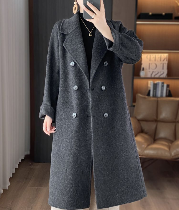 Dámsky vlnený kabát s obojstranným prevedením, dlhý, v štýle Hepburn, s dvojradovým zapínaním