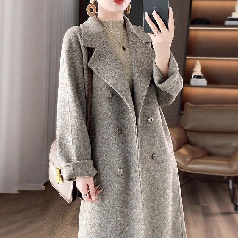 Dámsky vlnený kabát s obojstranným prevedením, dlhý, v štýle Hepburn, s dvojradovým zapínaním