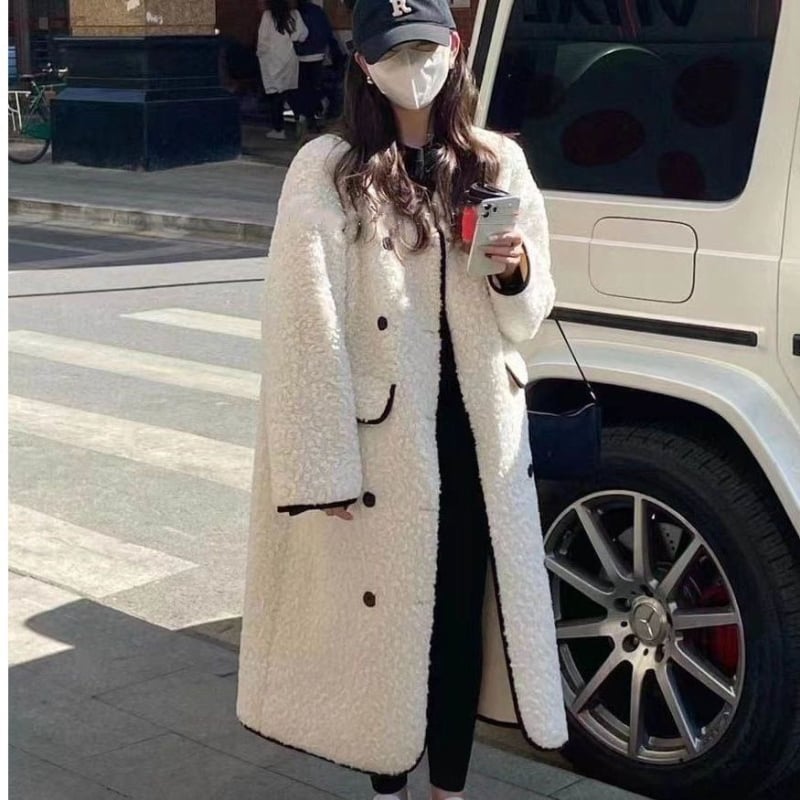 Dug kaput s dvostrukim kopčanjem, u korejskom stilu, širokog ravnog kroja, poliester 70-80%