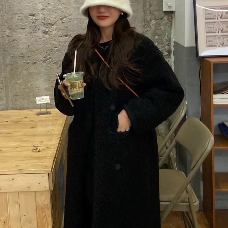 Dug kaput s dvostrukim kopčanjem, u korejskom stilu, širokog ravnog kroja, poliester 70-80%