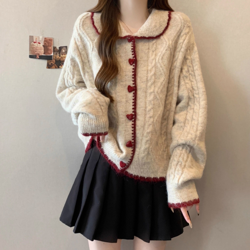 Kardigan z alpaky s detským golierom, 3D pletený, vzor farebného zladenia, dlhé rukávy, stredná hrúbka