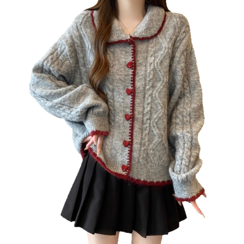 Kardigan z alpaky s detským golierom, 3D pletený, vzor farebného zladenia, dlhé rukávy, stredná hrúbka