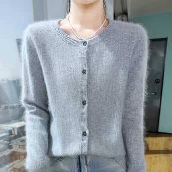 Ženski kardigan-pulover od Mink Velvet Wool-Blend, slobodan kroj, okrugli izrez, gumbima sprijeda, standardna duljina