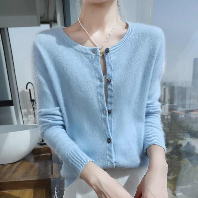 Ženski kardigan-pulover od Mink Velvet Wool-Blend, slobodan kroj, okrugli izrez, gumbima sprijeda, standardna duljina