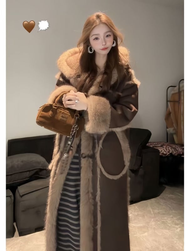 Ženski dugi kaput s kapuljačom od Cordury, s ugrađenom krznom; debeli vanjski sloj; krzno kunić ≤30%; druga vlakna